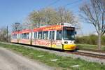 Straßenbahn Mainz / Mainzelbahn: Adtranz GT6M-ZR der MVG Mainz - Wagen 201, aufgenommen im April 2020 bei der Talfahrt zwischen Mainz-Lerchenberg und Mainz-Marienborn.