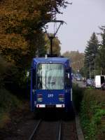 MVG Straenbahn in Mainz Hechtsheim Schinnergraben am 31.10.11 auf der Linie 52. Das Foto habe ich kurz vor der Kurve zur Endhaltestelle gemacht. 