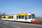 Straßenbahn Mainz: Adtranz GT6M-ZR der MVG Mainz - Wagen 216, aufgenommen im Februar 2016 in Mainz-Hechtsheim.
