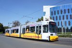 Straßenbahn Mainz: Adtranz GT6M-ZR der MVG Mainz - Wagen 214, aufgenommen im August 2016 in der Nähe der Haltestelle  Bismarckplatz  in Mainz.