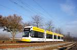 Straßenbahn Mainz / Mainzelbahn: Stadler Rail Variobahn der MVG Mainz - Wagen 228, aufgenommen im Dezember 2016 zwischen Mainz-Lerchenberg und Mainz-Marienborn.