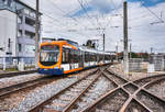 Der rnv-Tramwagen 4155, wird am 14.4.2017, im Bahnhof Käfertal bereitgestellt.