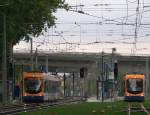  Mannheim 21 . Moderne Straenbahnen, Niederflurbahnsteig und Rasenglei. Links fhrt die OEG (Eisenbahn) und rechts die Straenbahn der MVV.