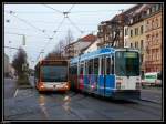 Straenbahn neben Konkurrent Bus.... Tw 258 trifft auf HD-R 1880 kurz nach der Haltestelle Betriebshof. Aufgenommen am 12.12.2009