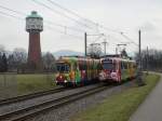 RNV Düwag GT8 204 (IGN) und 4115 (ex OEG) am 22.02.15 bei Edingen am Wasserturm 