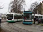 RNV Bombardier Variobahn 2215 (RNV6) (ex VBL) und RNV GT6N 5067 (Wackeldackel) am 28.03.15 in Ludwigshafen