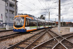 Nachschuss vom rnv-Tramwagen 4147 als Linie 5 (Seckenheim Pforzheimer Straße - Seckenheim OEG-Bahnhof), bei der Ausfahrt aus dem Bahnhof Käfertal.