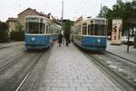 Das könnte die Station Effnerplatz (Linie 18) der Münchener Straßenbahn sein, Straßenbahnwagen der Rathgeberreihe M, Sommer 1984