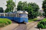 Münchener Straßenbahn (1985), Linie 13, Ort leider unbekannt, mit Wagen der Rathgeberbaureihe P
