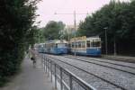 Mnchen MVV Tramlinie 16 (P3.16 2009) / 26 (m4.65 3487) Frstenried West im Juli 1987.