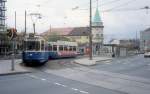 München Tram 20 (M5.65 2654 + m4.65 3446) Stiglmaierplatz / Dachauer Strasse im April 1990.