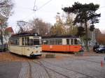 Triebwagen 37(ex Stralsund) und 38 vor dem Depot, Oktober 2005