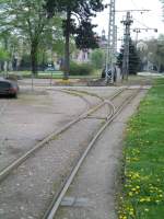 Gleisanlagen der NTB.Das linke Gleis fhrt ins Depot,das rechte zur Haltestelle Marientor.Naumburg.a.d.Saale 19.04.09