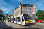 Strassenbahn Nordhausen: Combino Classic 108 überquert am 1. Juni 2017 auf der Linie 1 die Zorge auf der Fahrt Richtung Bahnhofsplatz.