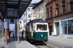 Sonderfahrt historischer Wagen 23 der Straenbahn Nordhausen, Baujahr 1934 in Wismar, fotografiert am Bahnhof Nordhausen am 28.04.2012