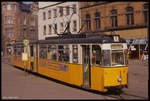 Tram 51 mit Beiwagen wartet am 17.3.1990 am Schmalspurbahnhof in Nordhausen auf Fahrgäste.