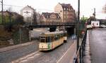 Straßenbahn Nürnberg__Linie 13 mit Bw 1543 [MAN 1960; 1989 > Krakau] an der Bahnunterführung, die die Grenze zwischen Schweinau (diesseits) und St.