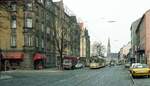 Straßenbahn Nürnberg__Linie 13 nach Schweinau und 3er Richtung Innenstadt sind sich in der Schwabacher Str. in St.Leonhard begegnet.__07-01-1984