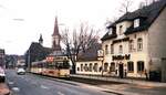 Straßenbahn Nürnberg__Tw 234 [4x, MAN/SSW, 1958] mit Bw mit Fahrtziel 'Plärrer' in St. Leonhard, Schwabacher Str. Auch die Gaststätte  Fränkischer Hof  mit preiswerter regionaler Kost und Patrizier Bier, gibt's beides nicht mehr.(Letzteres wird eher nicht vermißt...)__07-01-1984 