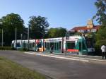 Potsdam: Straenbahnlinie 92 nach Kirschsteigfeld Marie-Juchacz-Strae an der Haltestelle Bornstedt Kirschallee.