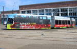 6N-1 Wagen 668 mit der sch�nen Molli Werbung am 15.08.2026 auf dem Betriebshof der Rostocker Stra�enbahn AG.