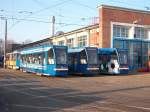 Die Heckpartien von den Tw von links 758,762 und 760 am 29.Januar 2011 im Rostocker Straenbahndepot.Aufnahme entstand von einem Parkplatz aus.