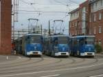 Rostocker Straenbahntriebwagen im Depot Hamburger Strae:von links 710,mitte 702 und rechts 802 die ich,am 28.Mai 2011,von der Strae ausfotografierte.Zu erreichen ist das Depot mit der S-Bahn bis Rostock Bramow und nach 5min Fussweg den Schwarzer Weg entlang bis zur Hamburger Strae.Von der Hamburger Strae aus hat man dann den besten Einblick ins Depot ohne das Betriebsgelnde zubetreten.