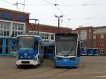 Die Straenbahn vom Typ Vossloh 6N2 fr Rostock stand am 04.04.2014 auf dem Gelnde der Rostocker Straenbahn AG.