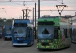 NGT6 Wagen 680 und 682 waren am 27.07.2014 auf dem Gelnde der Rostocker Straenbahn AG bereit fr den Tag links steht wohl ein verkaufter NF-Beiwagen fr Kassel.