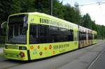 Straenbahn-Zug vom Typ Schwerin 2001, Nr. 810 der Nahverkehr Schwerin -NVS- mit Werbung fr die Bundesgartenschau Schwerin 2009 [BUGA 2009], Schwerin 30.08.2008
