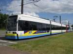 Straenbahn-Zug Nr. 817 der Nahverkehr Schwerin -NVS- mit Werbung fr das Waschmittel  Spee , Schwerin 24.05.2008
