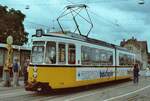 Ein Stra�enbahnwagen der Baureihe GT4 (MF Esslingen) auf der Linie 3 der Stuttgarter Stra�enbahnen vor dem Bahnhof der fr�heren Filderbahn in M�hringen.