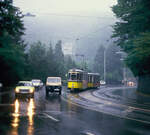 Der heftige Regen bestimmte das Geschehen der Sonderfahrt zu Ehren der Eröffnung der neuen Stuttgarter Stadtbahnlinie nach Möhringen (hoch über der Straße der Neuen Weinsteige).
