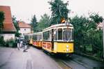 Gerlinger Endstation der Straßenbahn: Bei dieser Sonderfahrt der SSB  stauten  sich sozusagen die regulären und historischen Straßenbahnwagen in Gerlingen. Sie mussten daher die straßenbahnschleife in ihrer vollen Stationslänge nutzen. TW 802 (MF Esslingen Serie T2) und zwei Beiwagen der Serie B2 versperrten den regulären Zügen die Durchfahrt (es könnte 1988 gewesen sein).
