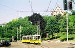 SSB Stuttgart_Vorgezogene Abschiedsfahrt auf der letzten Meterspurlinie (Linie 15) mit historischem Tw 851 und Bw 1369 von der Ruhbank/Fernsehturm kommend an der Heidehofstr.__2006