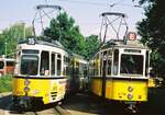 SSB Stuttgart_Vorgezogene Abschiedsfahrt auf der letzten Meterspurlinie (Linie 15) mit historischem Tw 276 und Bw 1241 neben GT4 629 in der Endschleife Stammheim.