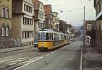 Durch die Innenstadt von Feuerbach fahren der GT4 406 und ein weiterer GT4 auf der Strecke der ehemaligen Städtischen Straßenbahn Feuerbach am 01.03.1987 nach Gerlingen, hier auf der Wiener