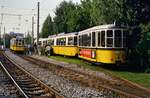 Echterdingen erlebte am 19.09.1987 einen sehr besonderen Tag seiner Straßenbahn: Rechts auf dem sonst nur wenig genutzten Gleis befand sich ein Straßenbahnzug aus zwei GT4 und einem Beiwagen