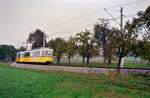 Die Linie 6 hatte nach Möhringen Bahnhof einen nicht allzu langen eingleisigen Weg vor sich, Möhringen 1984.