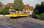 Straßenbahnschleife Echterdingen (SSB): Historischer Zug aus TW 418 und BW 1241 auf der SSB-Straßenbahnlinie 6 bei einer Sonderfahrt (19.09.1987)