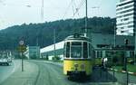 SSB Stuttgart__Liniennummern auf fremden Strecken. Hier GT4 611 auf Linie 4, macht wegen der Umleitung Endstation vor dem Betriebshof 'Vogelrain' in Heslach.__30-07-1973