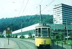 SSB Stuttgart__Liniennummern auf fremden Strecken. Umgeleiteter 9er mit BTw 630 macht die Kurve vor der Wagenhalle 'Heidenklinge'/'Vogelrain' in Heslach.__30-07-1973