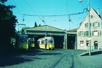SSB Stuttgart_Straßenbahn-Betriebshöfe__Feuerbach. Betriebshof mit GT4 der Linie 6 und DoT4 als E-Wagen__05-09-1973