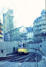 SSB Stuttgart__Gleis- und Tunnelbau__Linie 1 mit GT4 436 nach Fellbach taucht nur ausnahmsweise im Mai 1972 am Wilhelmsbau auf, für einige Tage, bis die Rampe am Stöckach angeschlossen