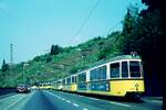 SSB Stuttgart__Verschwundene Strecken__Ein Solo-GT4 und zwei GT4-Züge mit BTw 589 am Ende unterhalb der Haltestelle 'Altenbergstaffel'.__24-05-1975