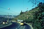 SSB Stuttgart__Verschwundene Strecken__Linie 6 zwischen Haltestellen 'Altenbergstaffel' und 'Haus 61' auf Talfahrt.__09-1972