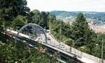 SSB Stuttgart__Von der Straßenbahn zur Stadtbahn__Die (Tunnel-)Strecke nach Degerloch.__Blick vom  kleinen Fenster  der Fenstertrasse über S-Süd, S-West und über S-Heslach zum Hasenberg.__30-08-1986