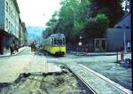 SSB Stuttgart__Gleisbau__Bei der Benckendorffstr. in S-Heslach mit Linie 15 stadteinwärts mit GT4 449.__04-1974