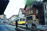 SSB Stuttgart__Gleisbau__Beim Bihlpatz in S-Heslach mit Linie 1 nach Fellbach. GT4 561 als BTw.__04-1974 