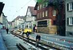 SSB Stuttgart__Gleisbau__Beim Bihlpatz in S-Heslach mit 15er nach S-Vaihingen. Führender GT4 710.__04-1974 